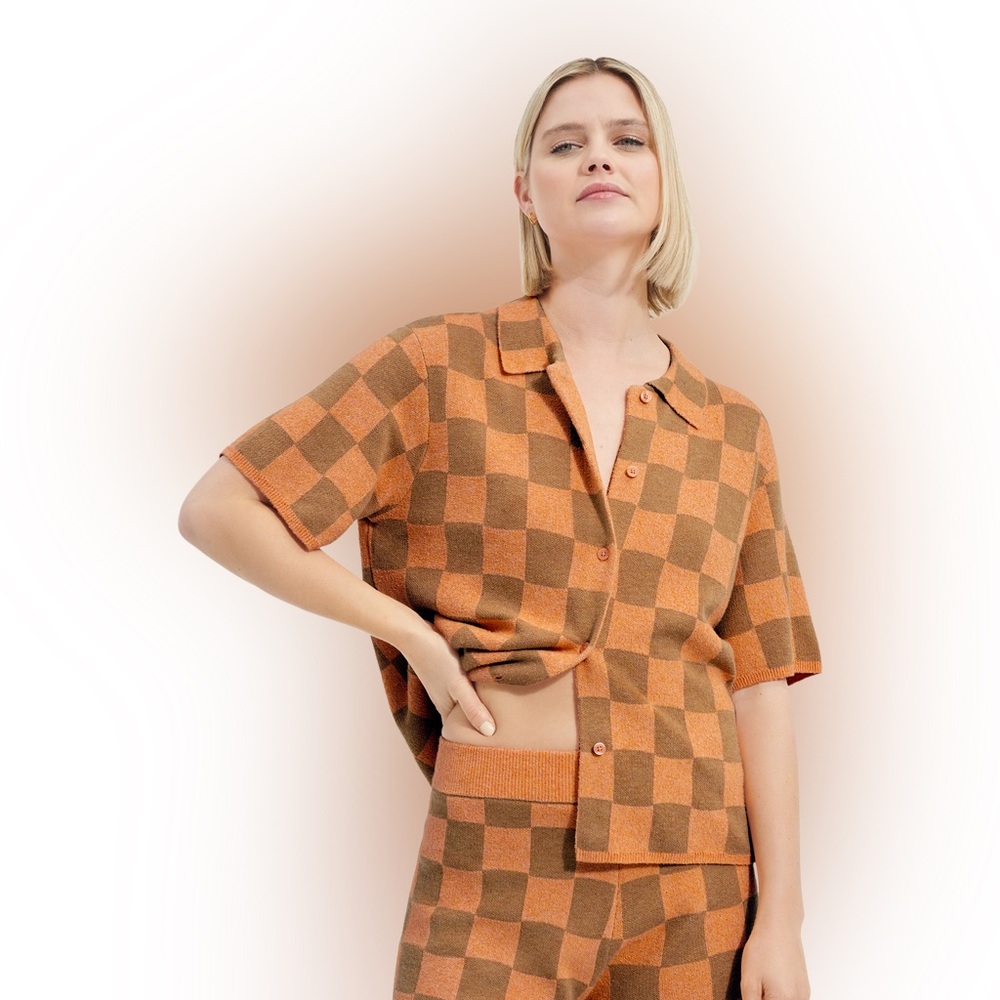 UGG Checkered Orange and Brown Knit Jeannie Button Up Sweater Top Size Small NWT